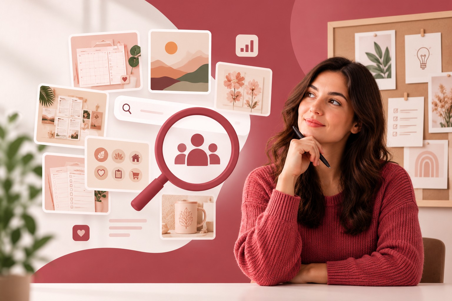 Mulher a planear o seu nicho num quadro branco, com exemplos de pesquisas na Etsy como planner de orçamento, impressões de arte de parede e registo de hábitos