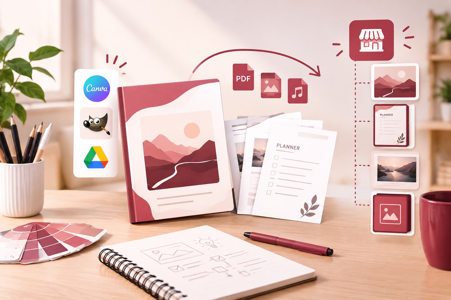 Ícones do Canva, Notion, Procreate e Google Sheets que levam a um design num portátil, com opções de exportação em PDF, PNG e ligação