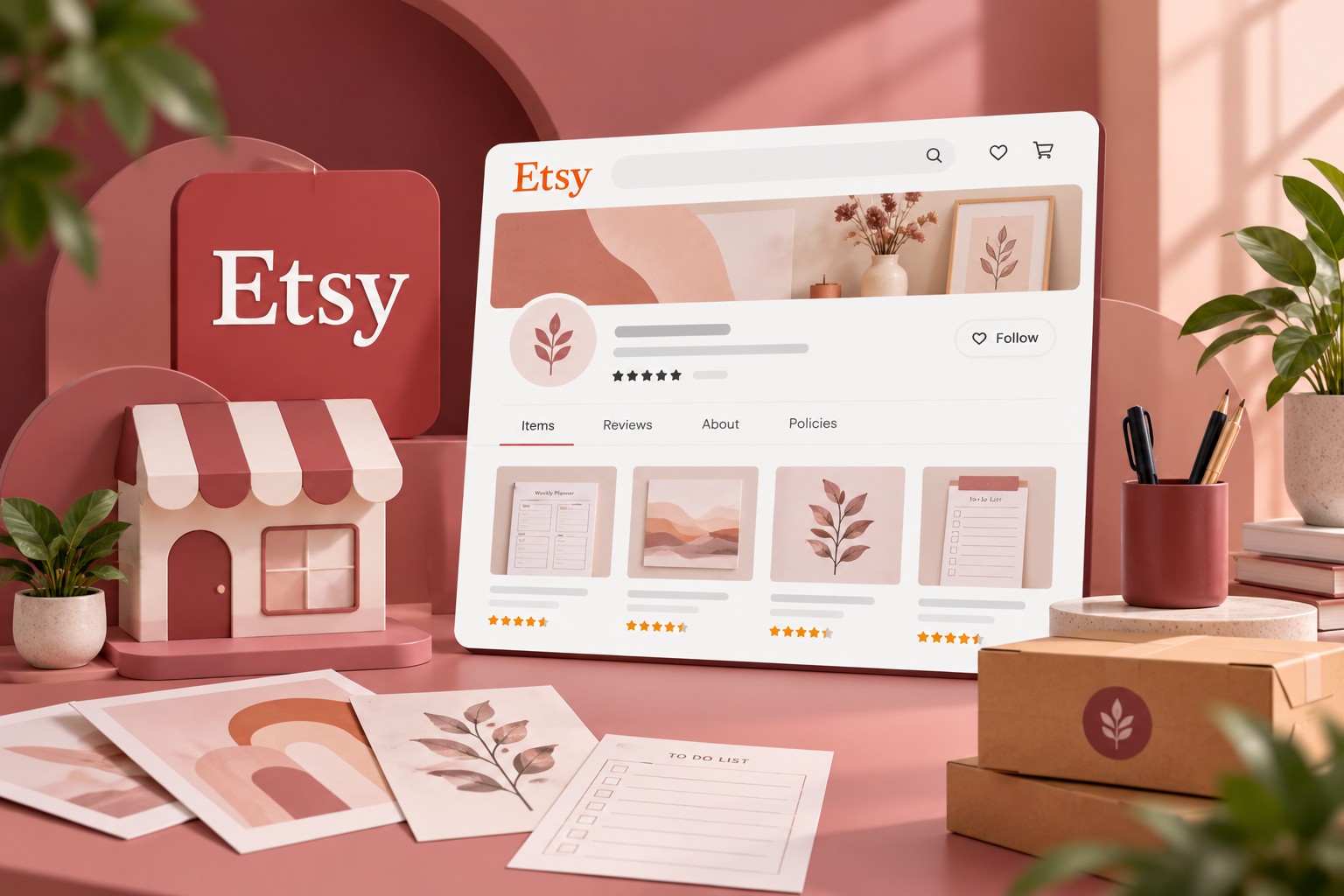 Lista de verificação para configurar uma loja Etsy num portátil, com um caderno com passos como escolher o nome da loja, configurar pagamentos e adicionar políticas