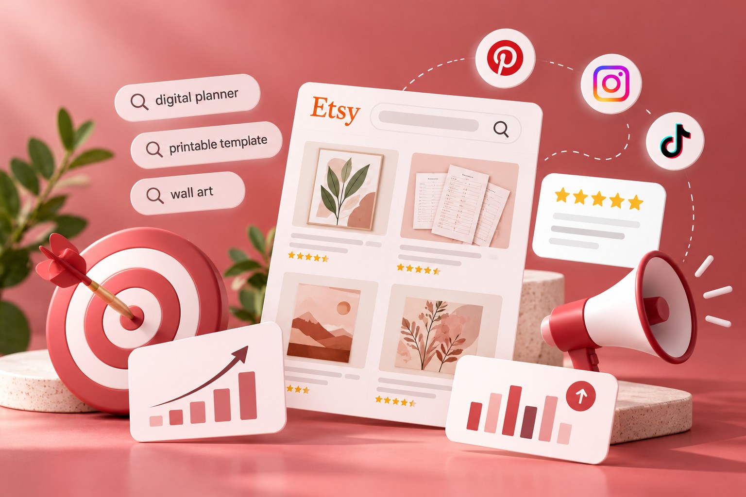 Listagem Etsy num portátil com sugestões de palavras-chave, uma lista de verificação e pins do Pinterest a gerar tráfego