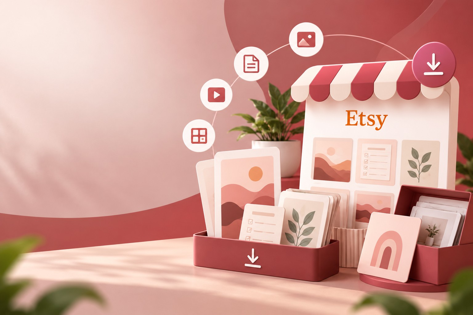 Mulher sorridente ao portátil, rodeada de ícones que representam uma loja Etsy sem envios, com cópias ilimitadas, rendimento e crescimento